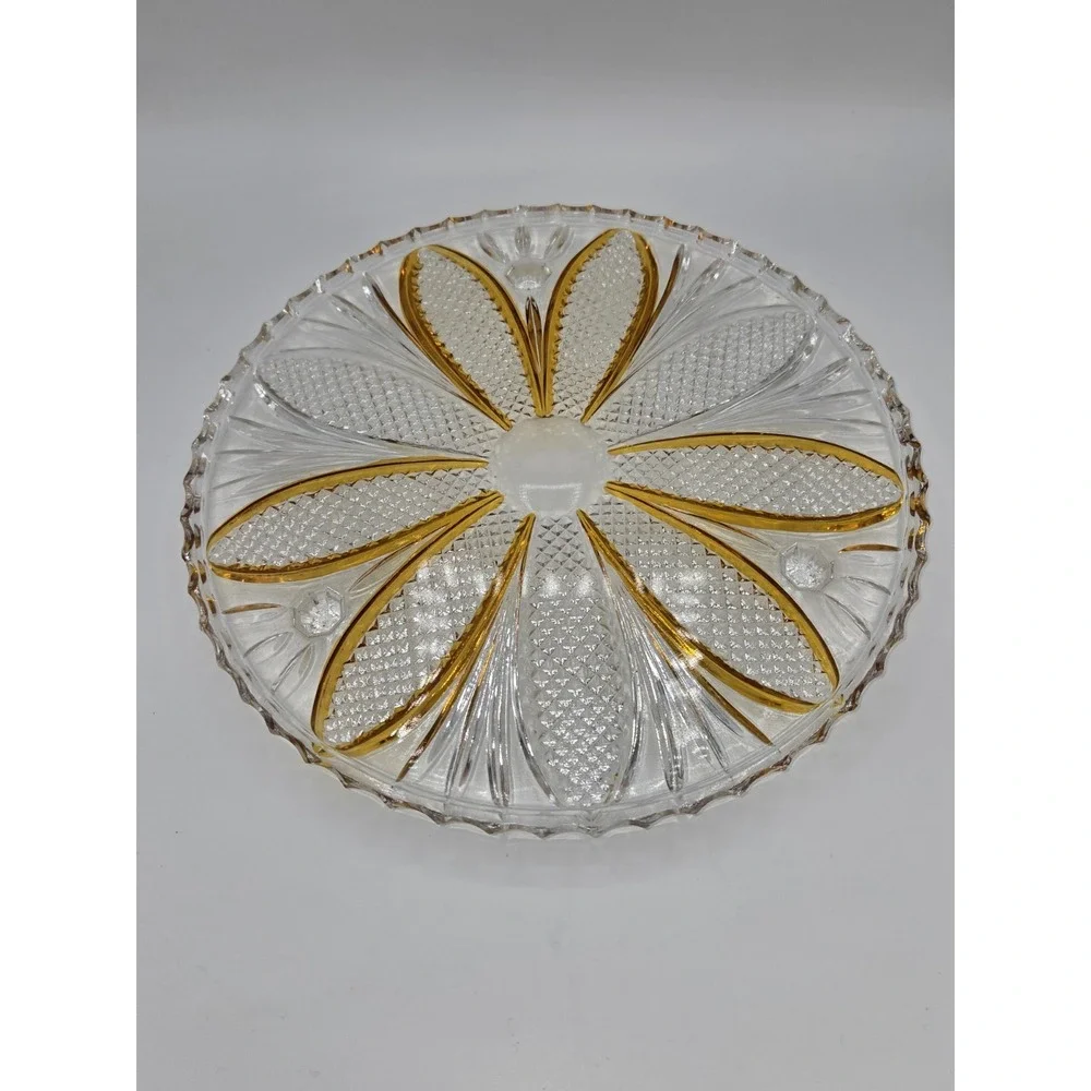 Bohemian Crystal Diamond Cut Footed Cake Plate Orange & Clear‎ Vintage